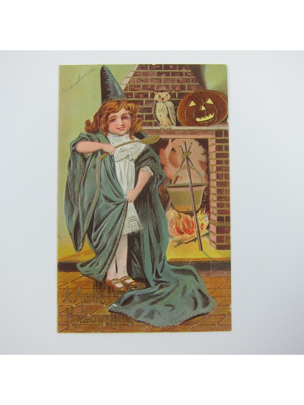 Vintage Halloween Postcard Girl Witch Jack-O-Lantern Pumpkin Owl Gold Embossed
